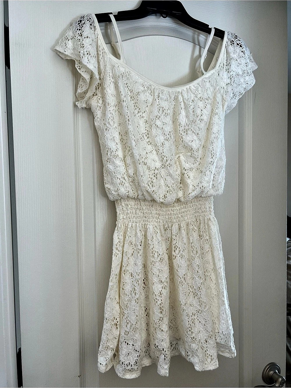 American Rag Cream White Lace Mini Dress Off Shoulder Boho Cottagecore Coquette